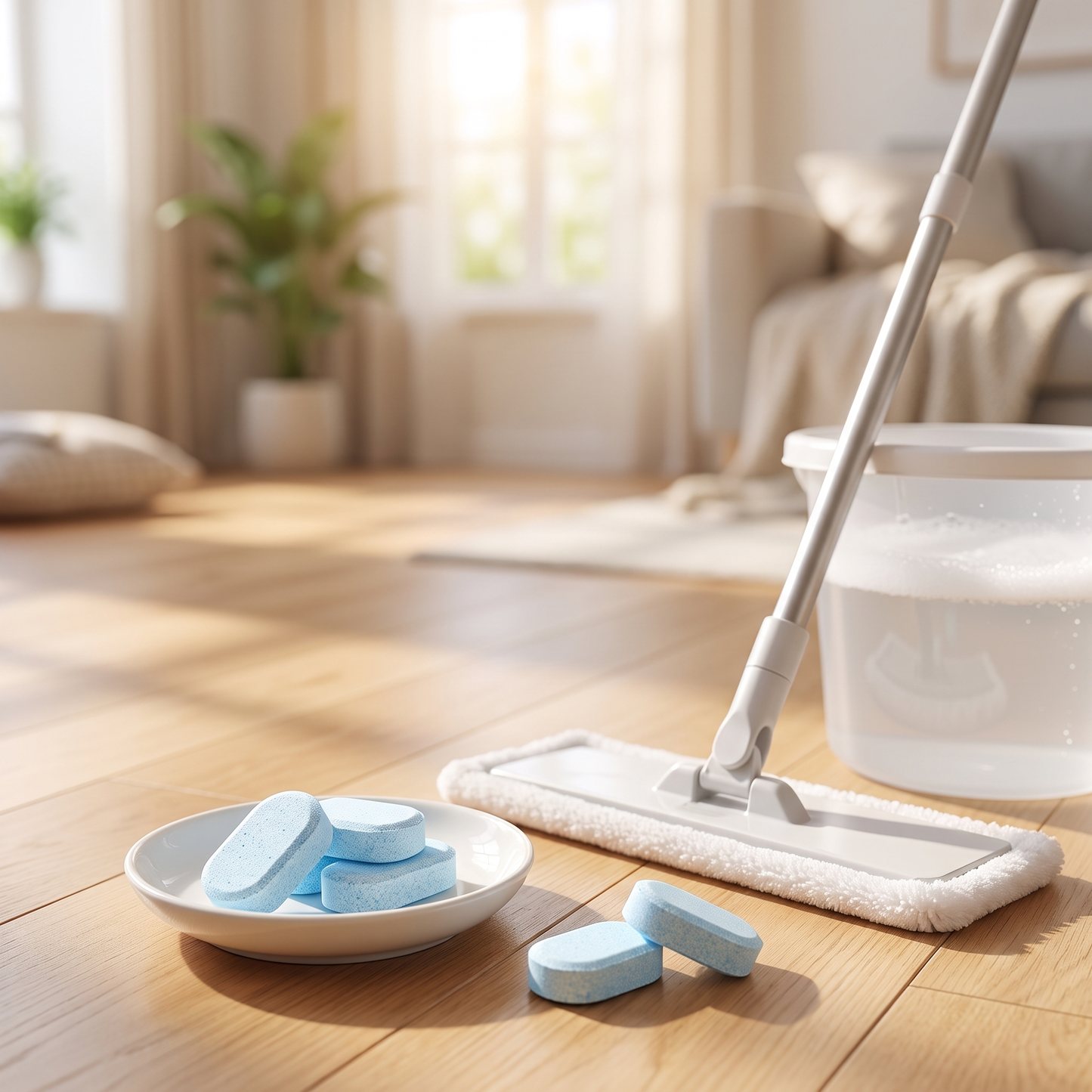 Orvell Floor Tabs: blue cleaning tablets beside a flat mop and bucket on a wood floor