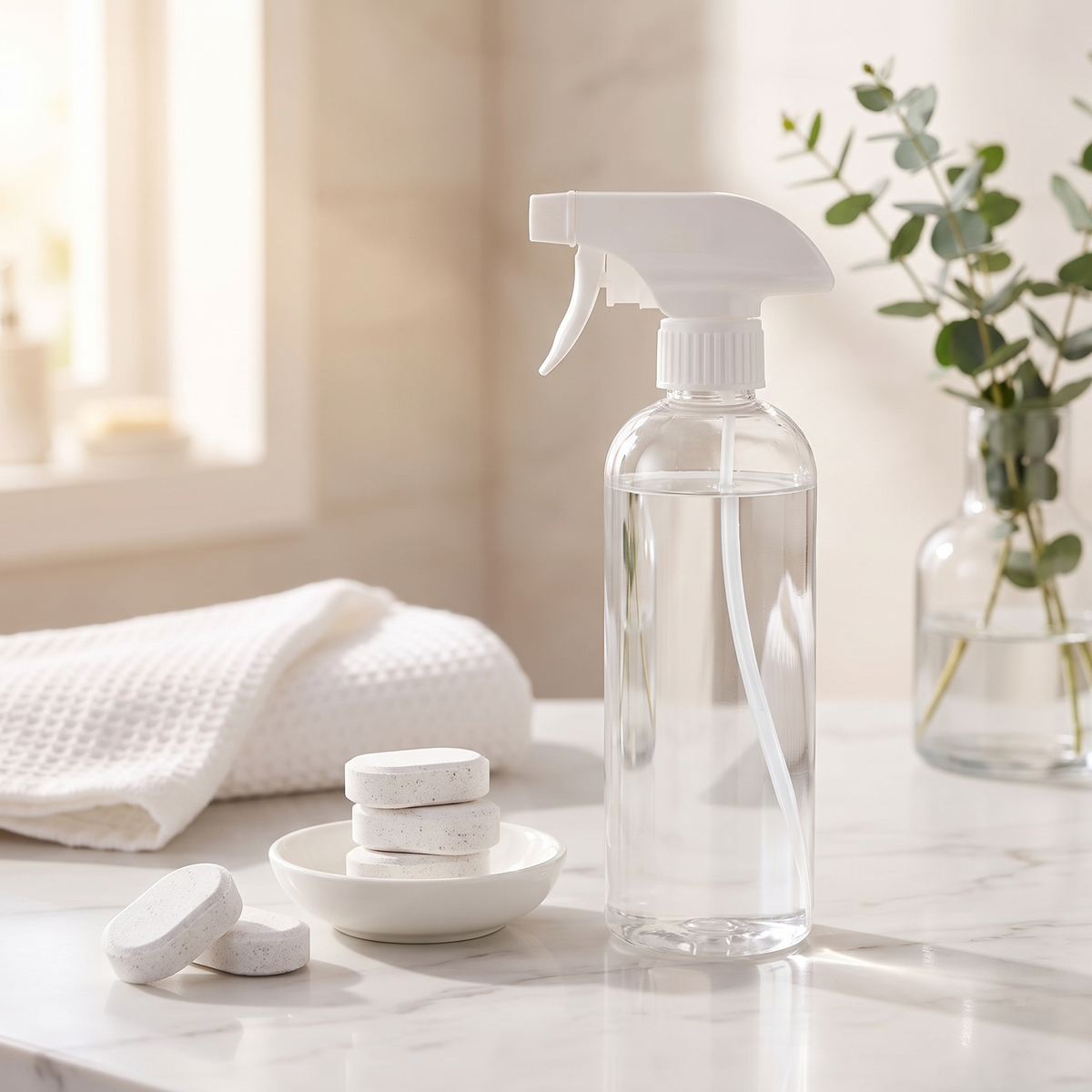 Orvell Clean Tabs tablets and a filled spray bottle on a marble bathroom counter