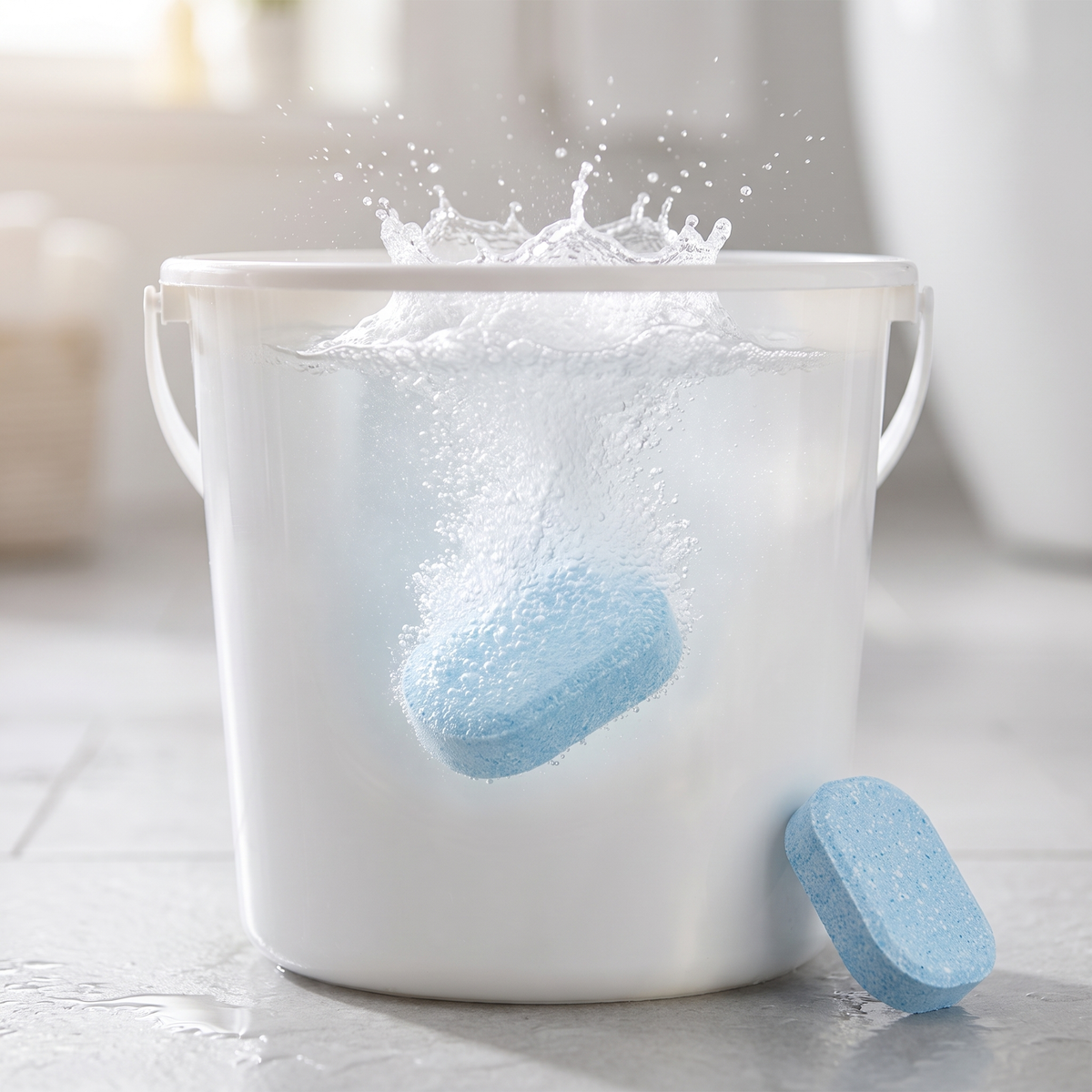 Orvell Floor Tab fizzing and dissolving in a bucket of warm water