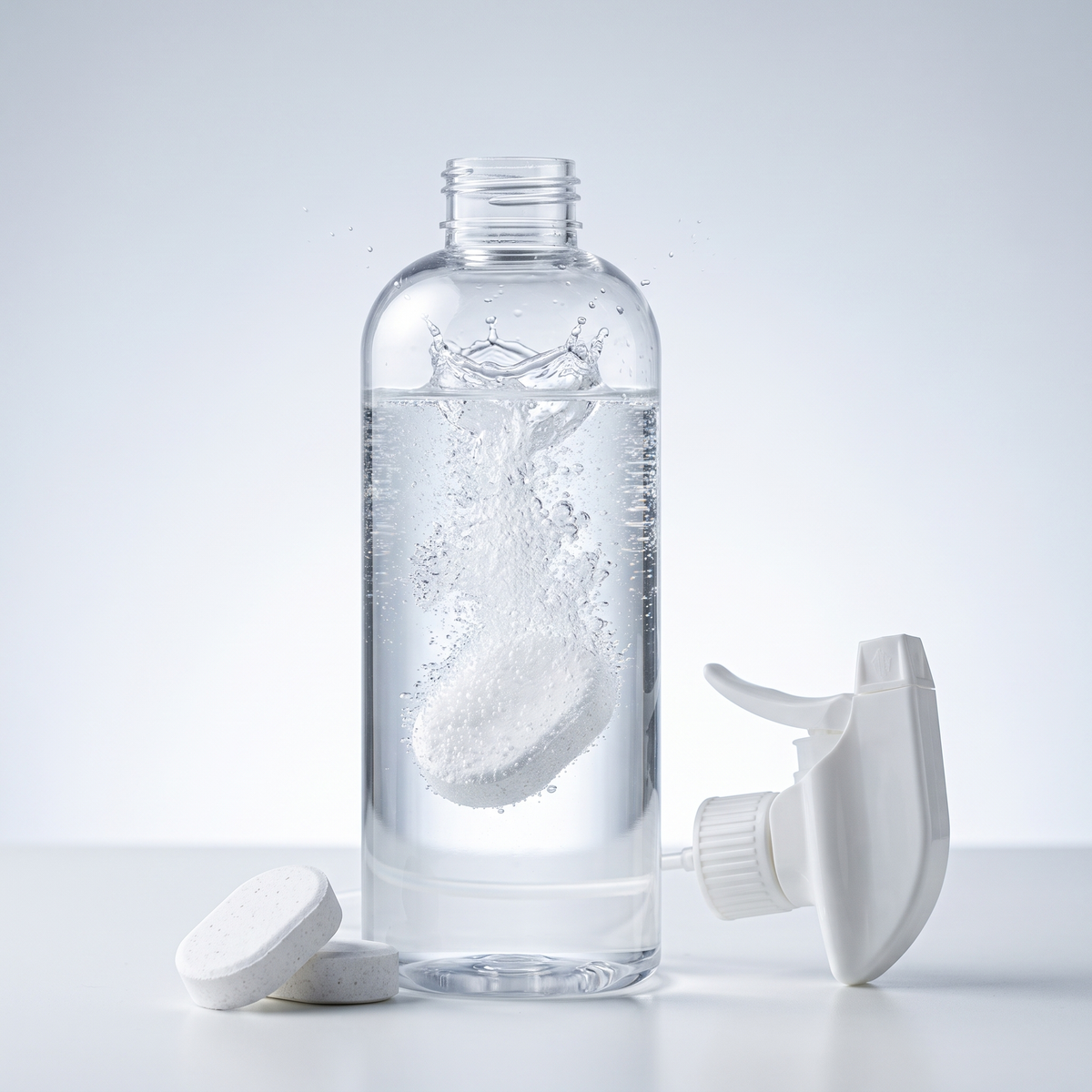 Orvell Clean Tab fizzing and dissolving inside a spray bottle of water