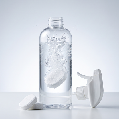 Orvell Clean Tab fizzing and dissolving inside a spray bottle of water