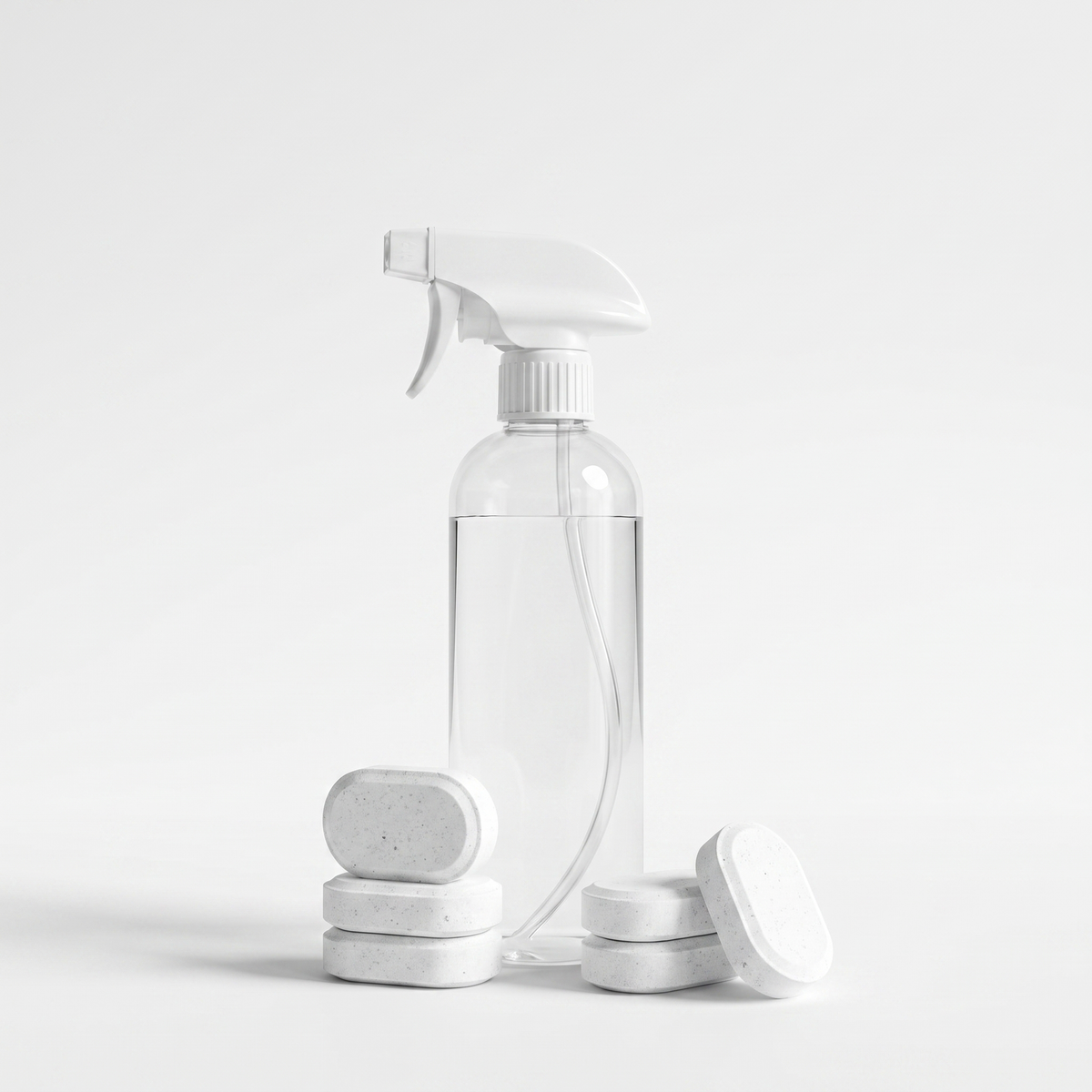 Orvell Clean Tabs cleaning tablets with white spray bottle on a plain background