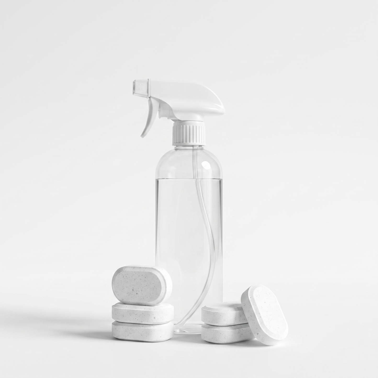Orvell Clean Tabs cleaning tablets with white spray bottle on a plain background