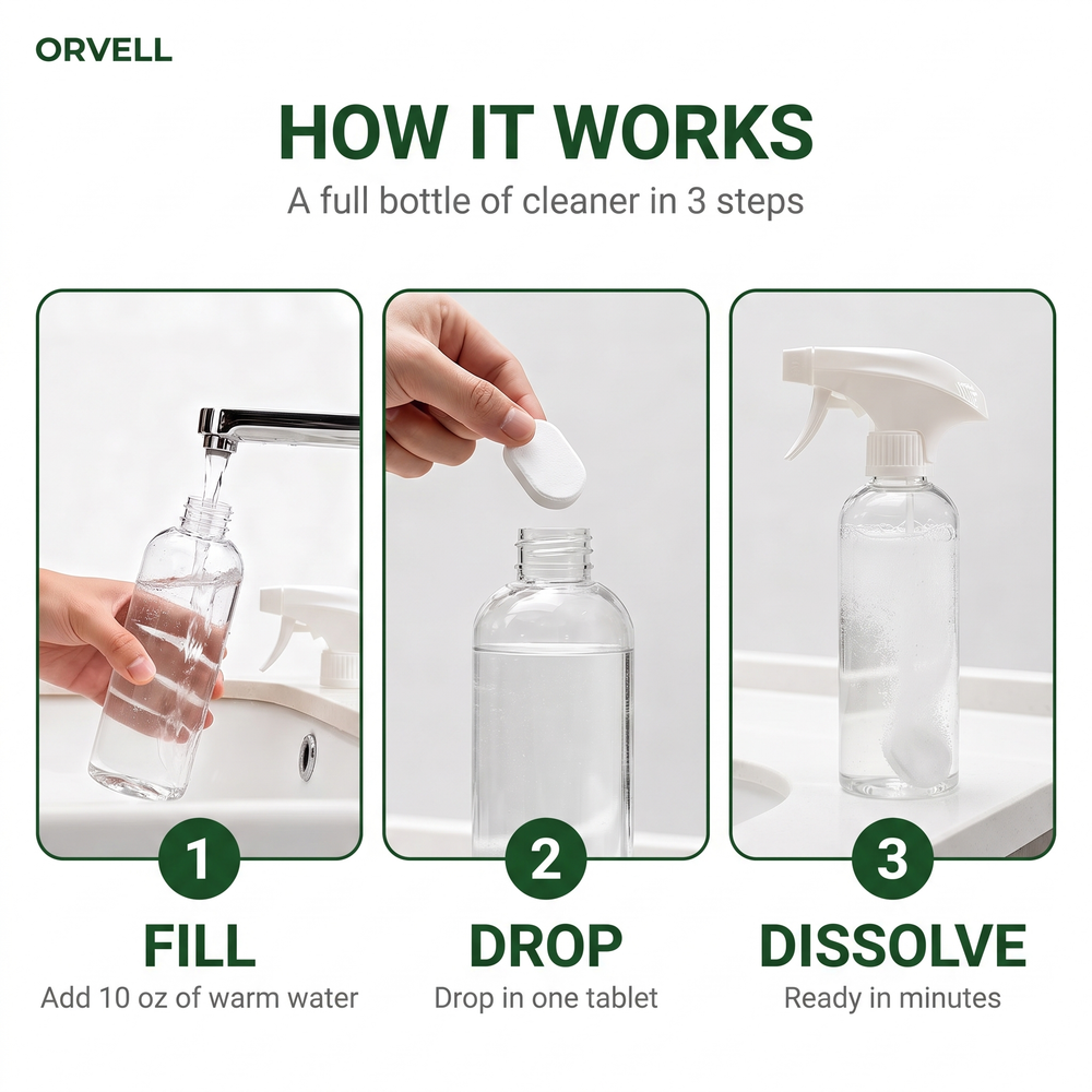 How Orvell Clean Tabs work in 3 steps: fill a bottle with warm water, drop in one tab, let it dissolve