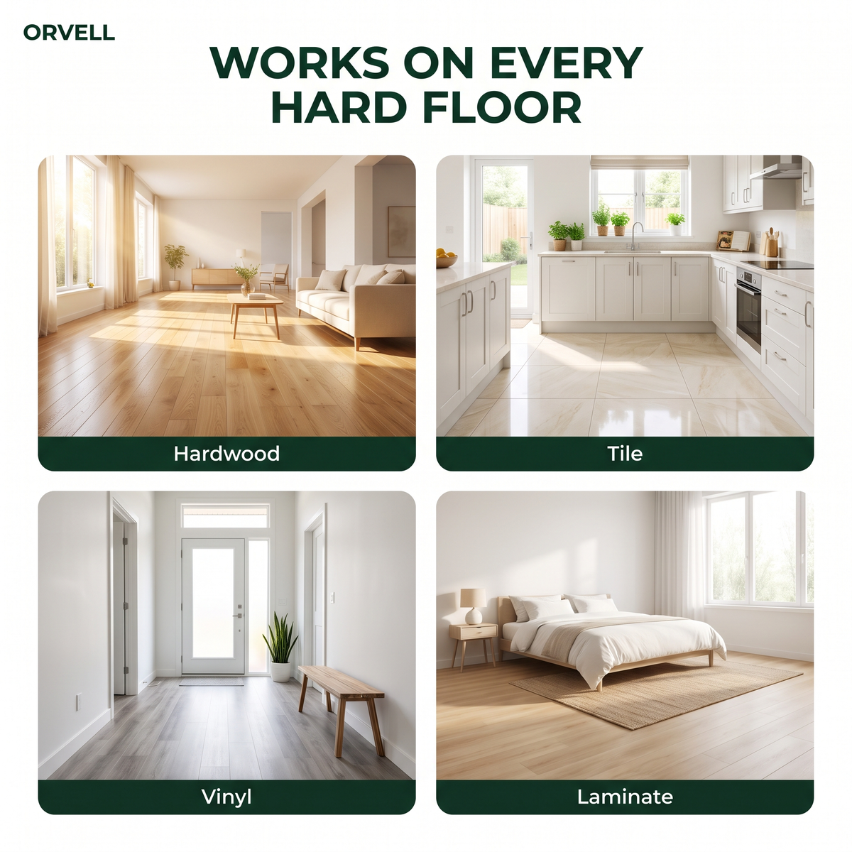 Orvell Floor Tabs work on hardwood, tile, vinyl and laminate floors